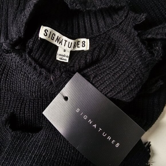Signature8 Black Ripped Distressed Rib Knit Cold Shoulder Turtleneck Sweater S - Picture 5 of 14